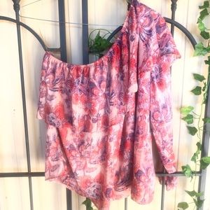 Belle Sky Blouse XL Pink One Sleeve Top Floral New